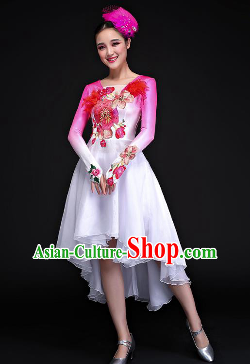 Traditional Chinese Modern Dance Embroidered Pink Costume, Opening Dance Chorus Dress Clothing for Women