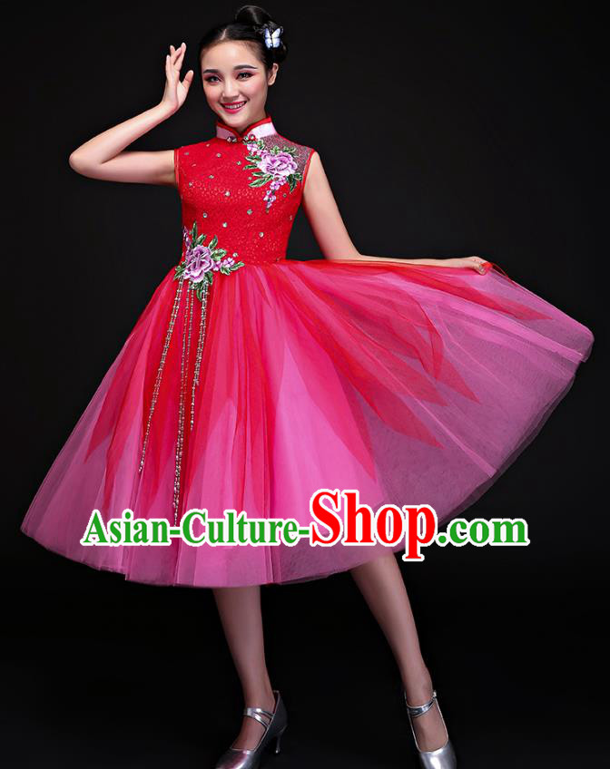 Traditional Chinese Modern Dance Embroidered Red Bubble Dress, Opening Dance Chorus Clothing for Women