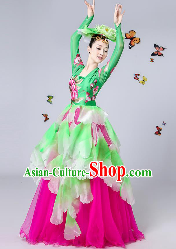 Traditional Chinese Modern Dance Opening Dance Embroidered Green Bubble Dress Clothing for Women