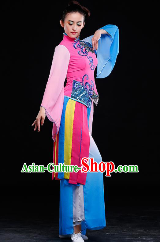 Traditional Chinese Classical Yangge Dance Costume, China Yangko Folk Dance Pink Clothing for Women