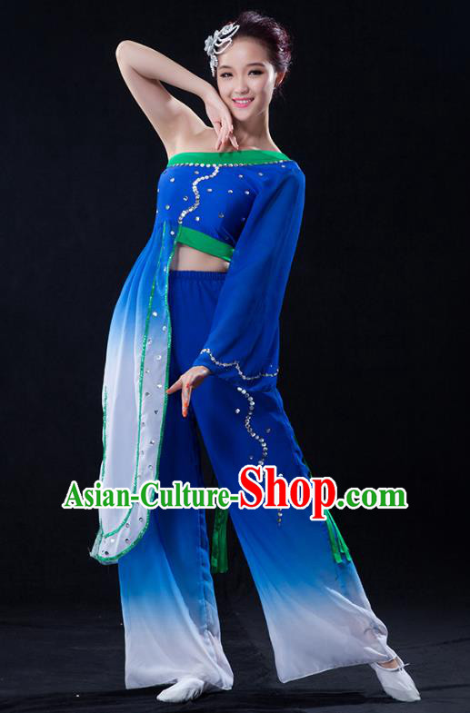 Traditional Chinese Classical Yangge Fan Dance Costume, China Yangko Folk Dance Blue Clothing for Women