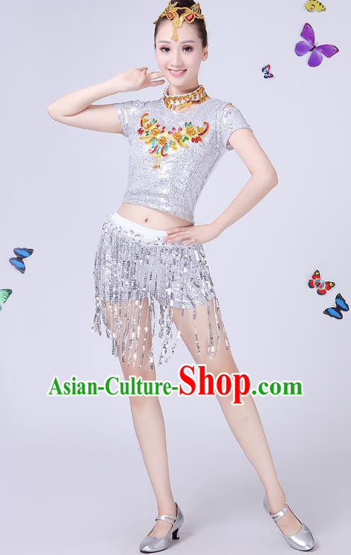 Traditional Chinese Modern Dance Opening Dance Jazz Dance White Paillette Uniform Folk Dance Chorus Costume for Women