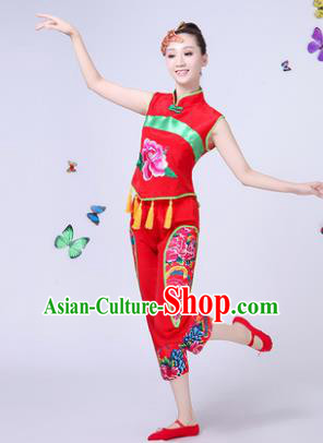 Traditional Chinese Classical Umbrella Dance Costume, China Yangko Folk Dance Yangge Peony Red Clothing for Women