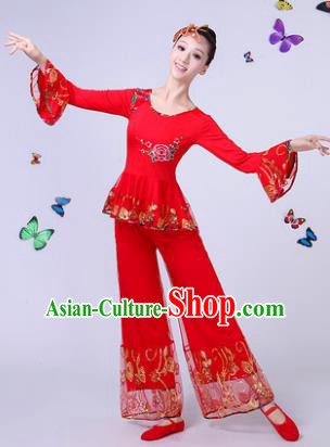 Traditional Chinese Classical Umbrella Dance Embroidered Lace Red Costume, China Yangko Folk Fan Dance Clothing for Women