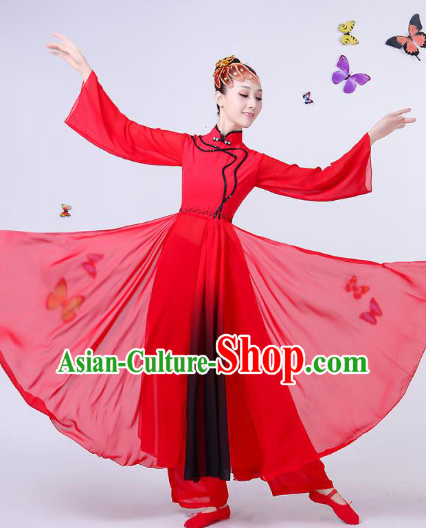 Traditional Chinese Classical Umbrella Dance Red Dress, China Yangko Folk Fan Dance Clothing for Women