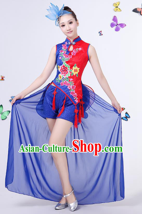 Traditional Chinese Modern Dance Opening Dance Clothing Jazz Dance Chorus Embroidered Blue Costume for Women