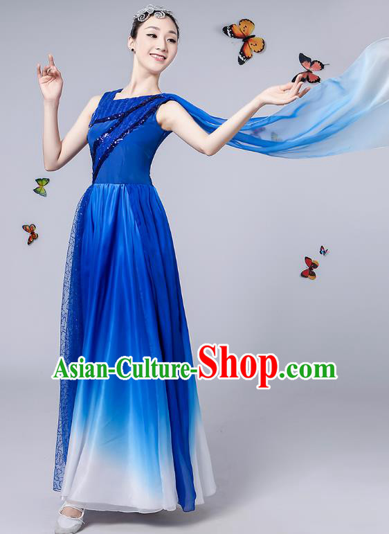 Traditional Chinese Modern Dance Opening Dance Clothing Chorus Blue Dress Costume for Women