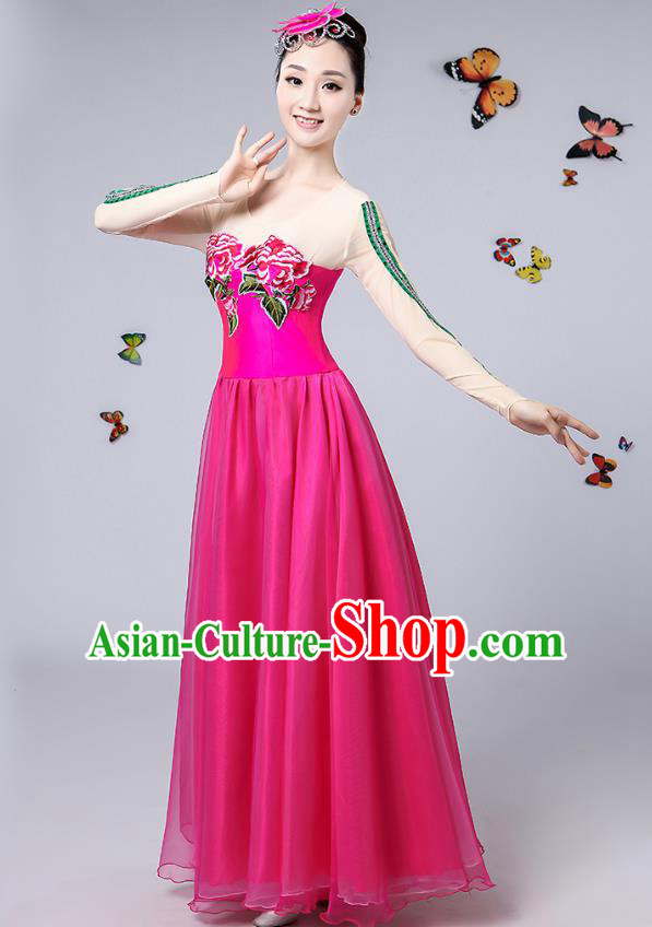 Traditional Chinese Modern Dance Opening Dance Clothing Chorus Rosy Big Swing Dress Costume for Women