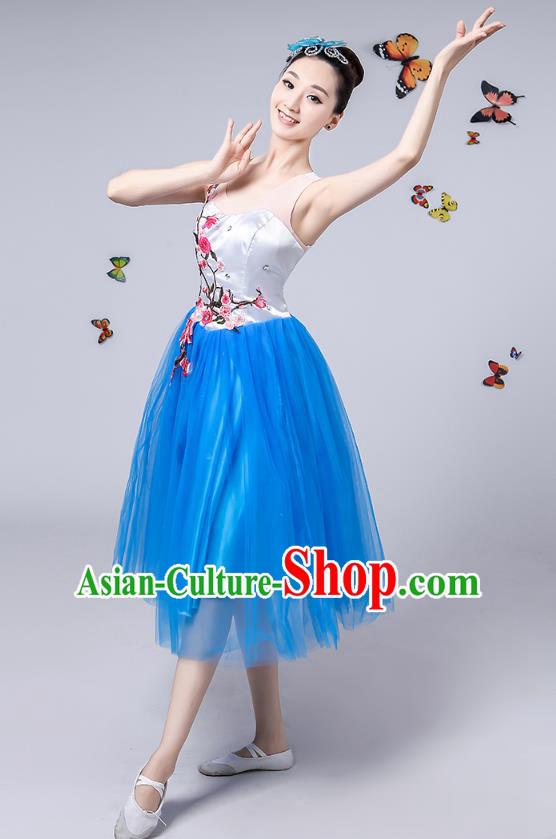 Traditional Chinese Modern Dance Opening Dance Clothing Chorus Blue Veil Dress Costume for Women