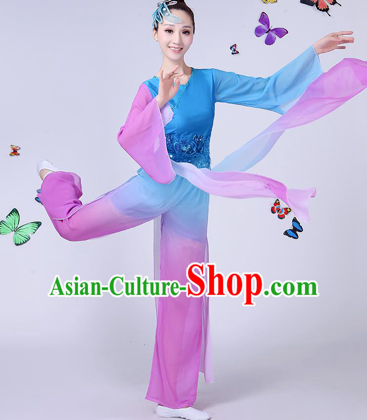 Traditional Chinese Classical Umbrella Dance Blue Costume, China Yangko Folk Fan Dance Clothing for Women