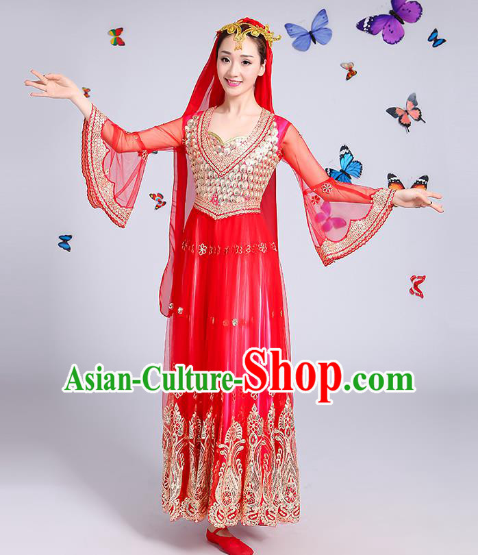 Traditional Chinese Uyghur Nationality Dance Costume, Chinese Uigurian Minority Dance Red Dress Clothing for Women