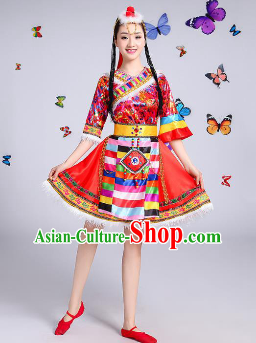 Chinese Traditional Mongol Nationality Dance Costume, Mongols Folk Dance Ethnic Minority Embroidery Red Short Dress Clothing for Women