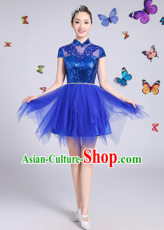 Traditional Chinese Modern Dance Opening Dance Clothing Chorus Blue Veil Bubble Dress Costume for Women