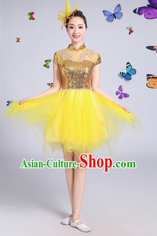 Traditional Chinese Modern Dance Opening Dance Clothing Chorus Yellow Veil Bubble Dress Costume for Women