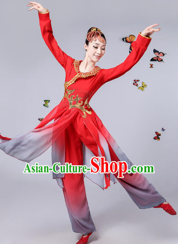 Traditional Chinese Classical Umbrella Dance Red Costume, China Yangko Folk Fan Dance Clothing for Women