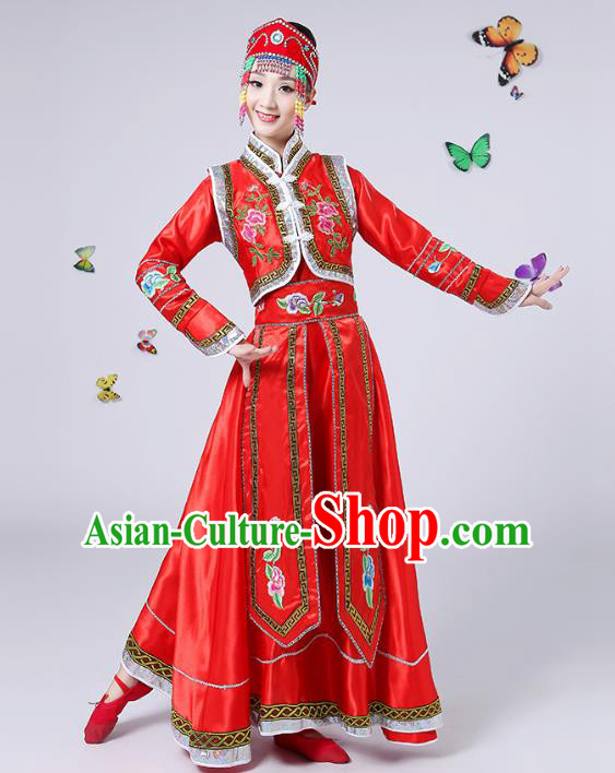 Traditional Chinese Mongol Nationality Dance Costume, China Folk Dance Mongolian Minority Embroidery Red Dress for Women