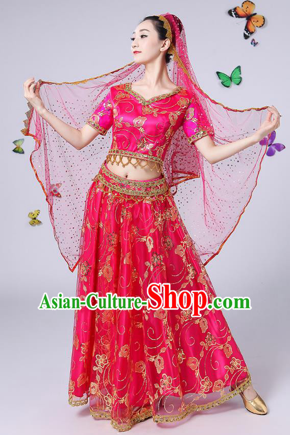 Traditional Chinese Uyghur Nationality Dance Costume, Chinese Uigurian Minority Nationality Dance Rosy Clothing for Women