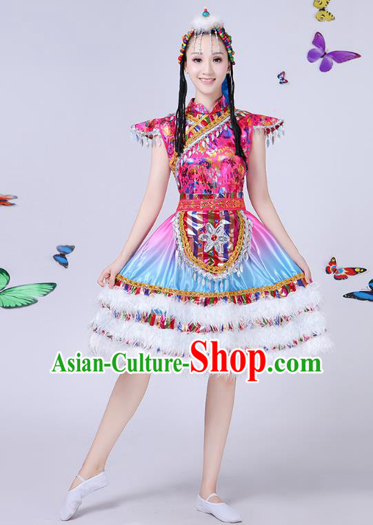 Traditional Chinese Mongol Nationality Dance Costume, Chinese Mongolian Minority Folk Dance Embroidery Short Dress for Women