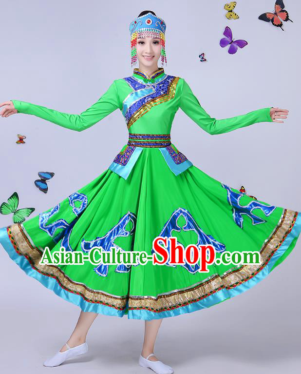 Traditional Chinese Mongol Nationality Dance Costume, Chinese Mongolian Minority Folk Dance Embroidery Green Dress for Women