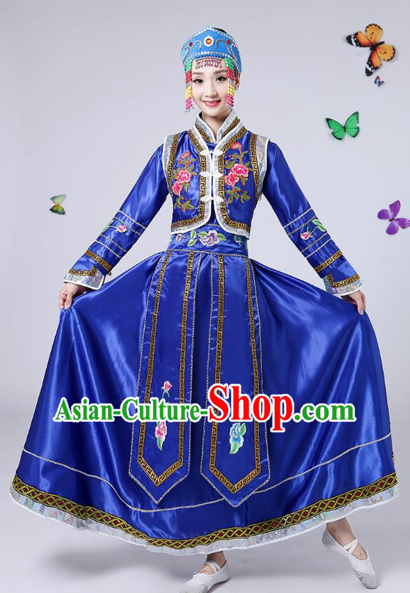 Traditional Chinese Mongol Nationality Dance Costume, China Folk Dance Mongolian Minority Embroidery Blue Dress for Women