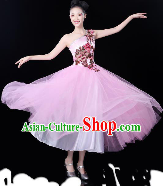 Traditional Chinese Modern Dance Opening Dance Clothing Chorus Pink Bubble Dress for Women