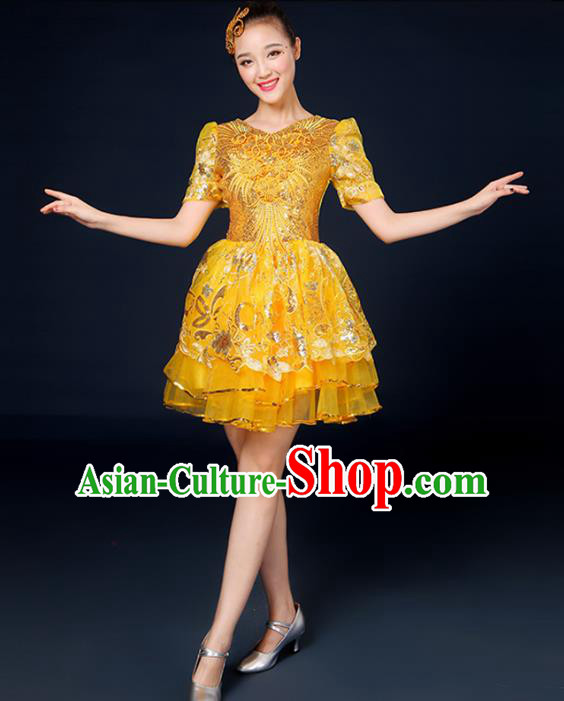 Traditional Chinese Modern Dance Opening Dance Clothing Chorus Classical Dance Yellow Bubble Dress for Women