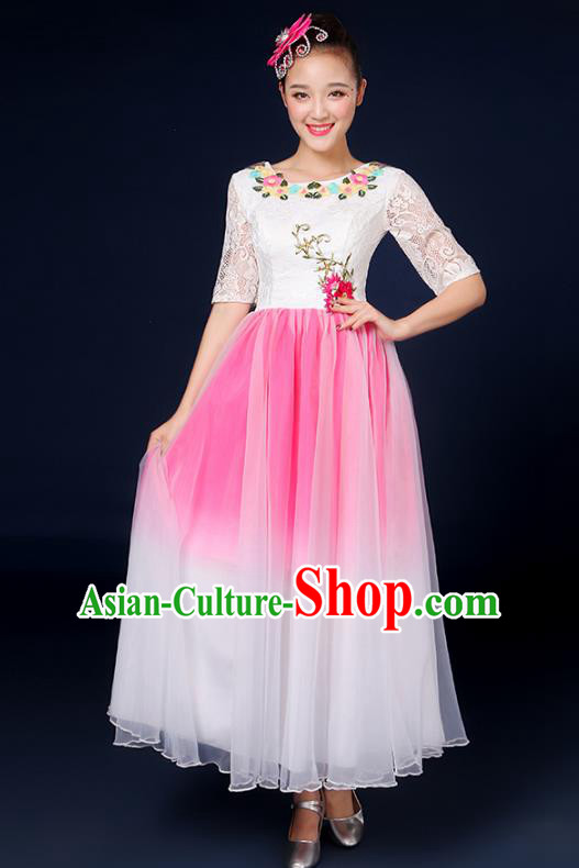 Traditional Chinese Modern Dance Opening Dance Clothing Chorus Classical Dance Lace Pink Dress for Women