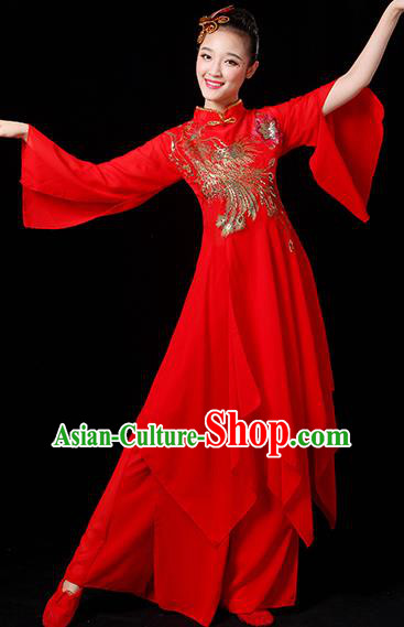 Traditional Chinese Yangge Fan Dance Red Paillette Uniform, China Classical Folk Yangko Drum Dance Clothing for Women