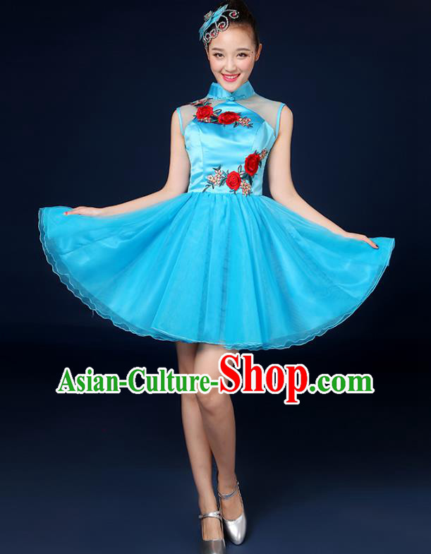 Traditional Chinese Modern Dance Opening Dance Clothing Chorus Classical Dance Blue Short Bubble Dress for Women