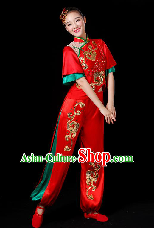 Traditional Chinese Yangge Fan Classical Dance Red Uniform, China Folk Yangko Drum Dance Clothing for Women