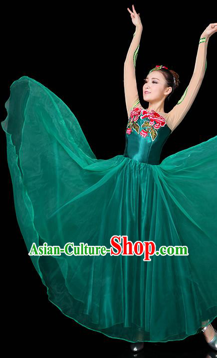 Traditional Chinese Modern Dance Opening Dance Clothing Chorus Classical Dance Embroidered Green Long Dress for Women