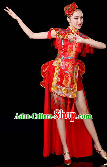 Traditional Chinese Modern Dance Opening Jazz Dance Clothing Chorus Classical Dance Embroidered Red Costume for Women