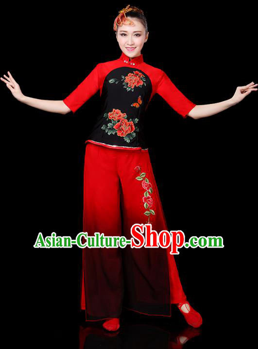 Traditional Chinese Yangge Fan Classical Dance Embroidered Uniform, China Folk Yangko Drum Dance Clothing for Women