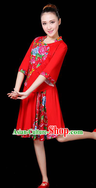 Traditional Chinese Yangge Fan Classical Dance Peony Red Uniform, China Folk Yangko Drum Dance Clothing for Women