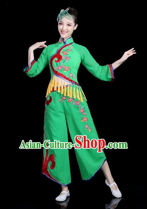 Traditional Chinese Yangge Fan Dance Green Costume, China Classical Folk Dance Yangko Umbrella Dance Clothing for Women