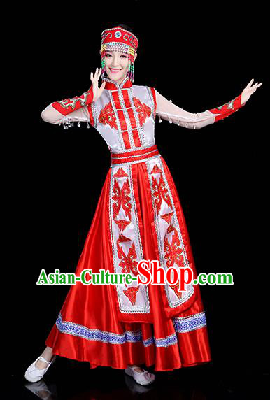Traditional Chinese Mongol Nationality Dance Costume, Chinese Mongolian Minority Folk Dance Embroidery Red Dress Clothing for Women