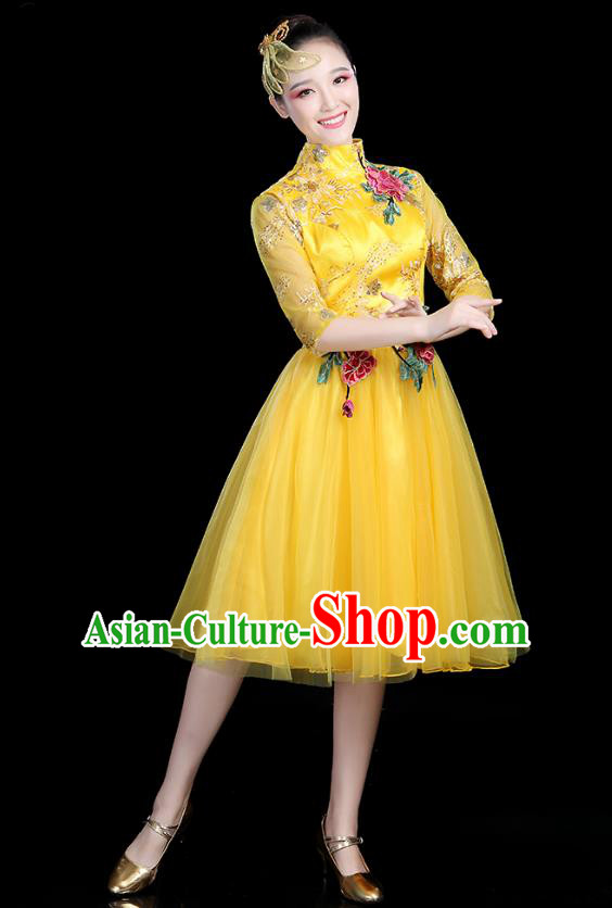 Traditional Chinese Modern Dance Opening Dance Clothing Chorus Competition Yellow Veil Bubble Dress for Women