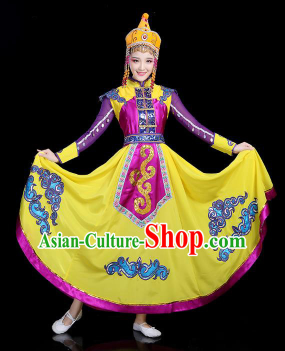 Traditional Chinese Mongol Nationality Dance Costume, Chinese Mongolian Minority Folk Dance Embroidery Clothing for Women