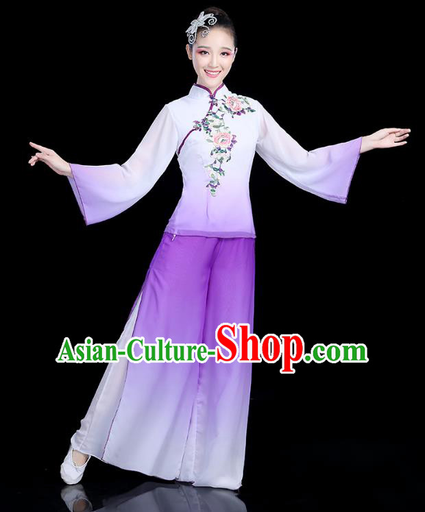 Traditional Chinese Yangge Fan Dance Embroidered Purple Costume, China Classical Folk Dance Yangko Umbrella Dance Clothing for Women