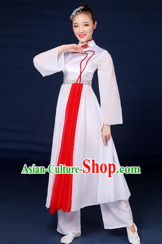 Traditional Chinese Yangge Fan Dance Embroidered White Dress, China Classical Folk Yangko Umbrella Dance Clothing for Women