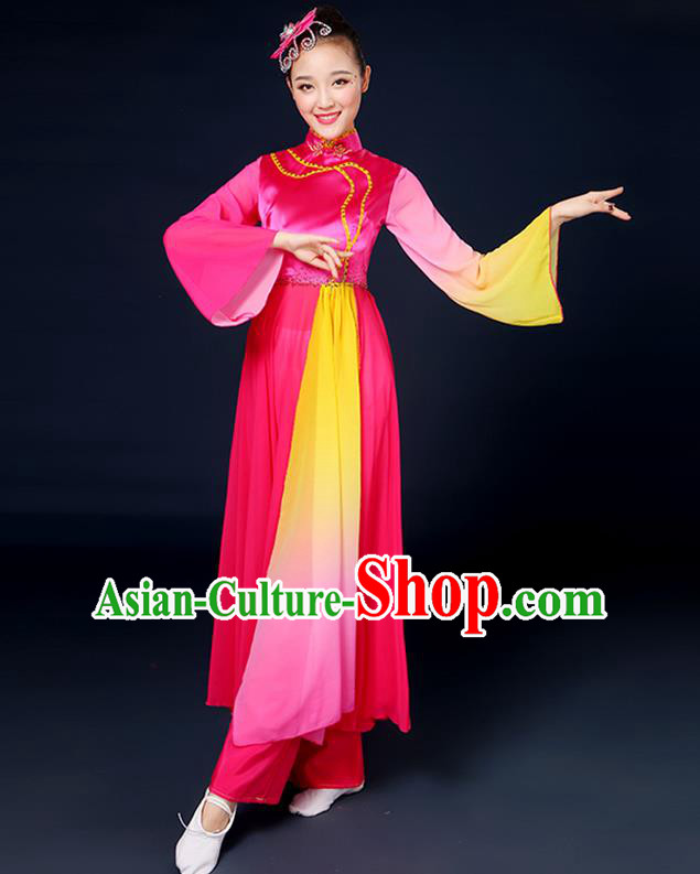 Traditional Chinese Yangge Fan Dance Embroidered Rosy Dress, China Classical Folk Yangko Umbrella Dance Clothing for Women