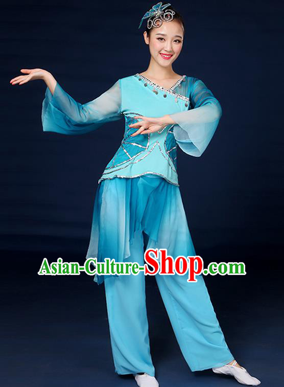 Traditional Chinese Yangge Fan Dance Embroidered Blue Uniform, China Classical Folk Yangko Umbrella Dance Clothing for Women