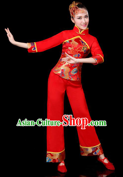 Traditional Chinese Yangge Fan Dance Red Costume, China Classical Folk Dance Yangko Drum Dance Clothing for Women