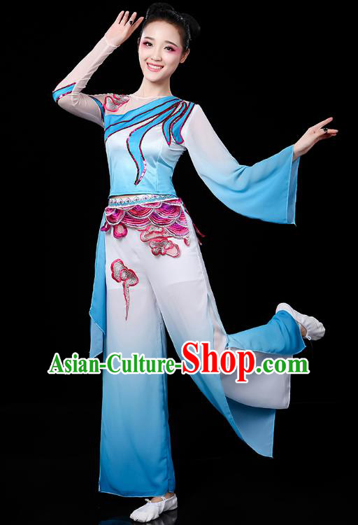 Traditional Chinese Yangge Fan Dance Blue Uniform, China Classical Folk Dance Yangko Drum Dance Clothing for Women