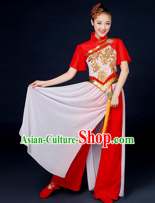 Traditional Chinese Yangge Fan Dance Red Uniform, China Classical Folk Dance Yangko Drum Dance Clothing for Women