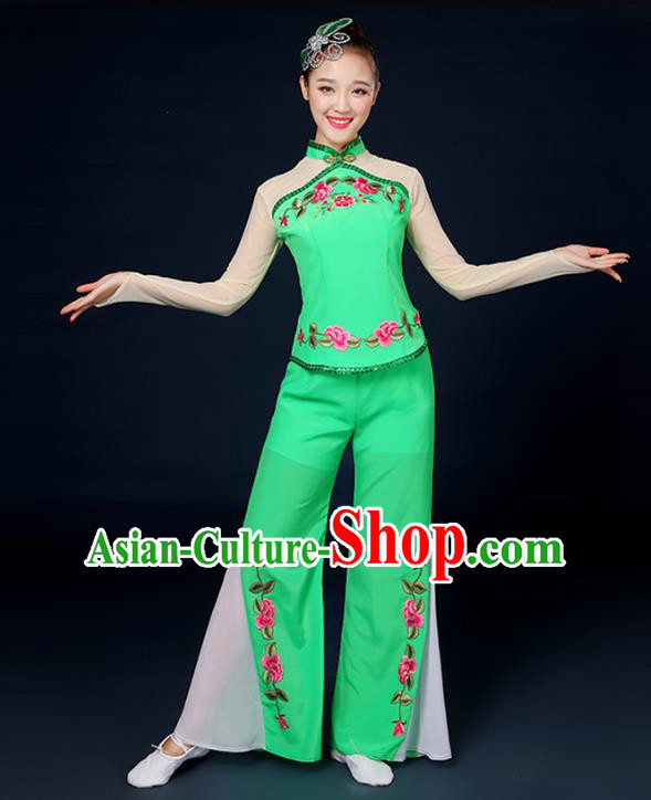 Traditional Chinese Yangge Fan Dance Embroidered Peony Green Uniform, China Classical Folk Yangko Drum Dance Clothing for Women