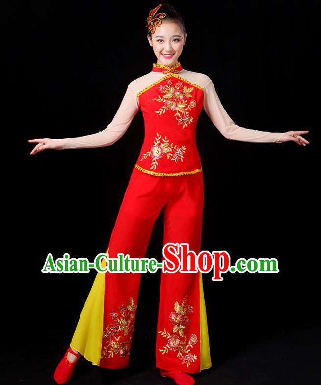 Traditional Chinese Yangge Fan Dance Embroidered Red Uniform, China Classical Folk Yangko Drum Dance Clothing for Women