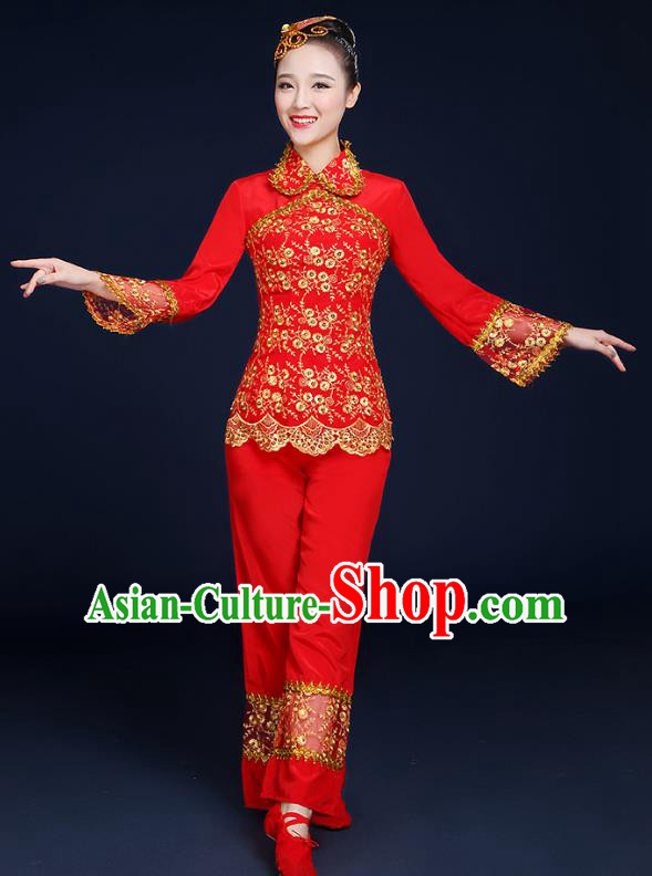 Traditional Chinese Folk Yangge Fan Classical Dance Red Uniform, China Yangko Drum Dance Clothing for Women