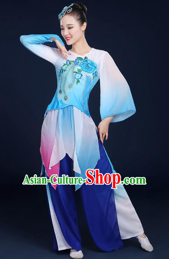 Traditional Chinese Folk Yangge Fan Classical Dance Peony Blue Uniform, China Yangko Drum Dance Clothing for Women