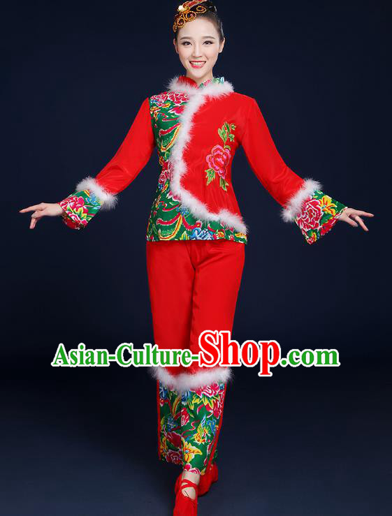 Traditional Chinese Folk Yangge Fan Classical Dance Red Uniform, China Yangko Drum Dance Clothing for Women